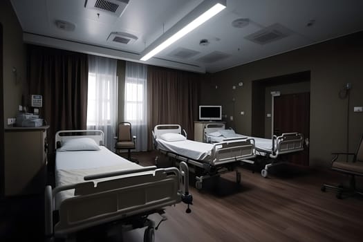 Recovery Room in hospital with comfortable beds and medical equipment. Neural network generated in May 2023. Not based on any actual scene or pattern.