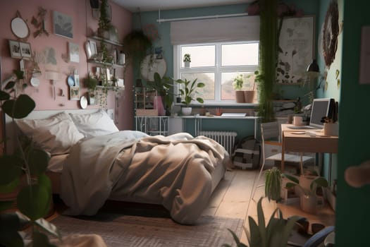 student bedroom with plants in pastel colors at day time. Neural network generated in May 2023. Not based on any actual scene or pattern.