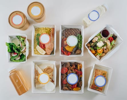 food in containers. proper nutrition, daily diet, weight loss. soup, drink, salad, steak.