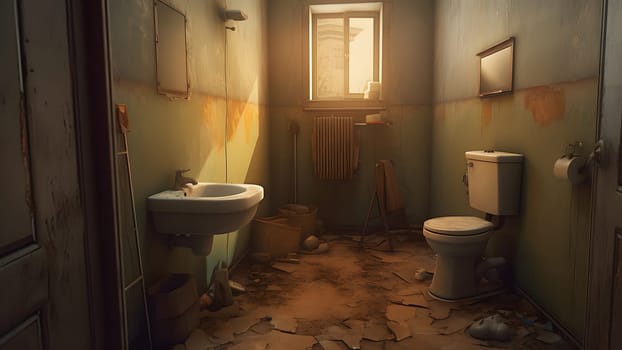 old dirty and neglected abandoned toilet room. Neural network generated in May 2023. Not based on any actual scene or pattern.