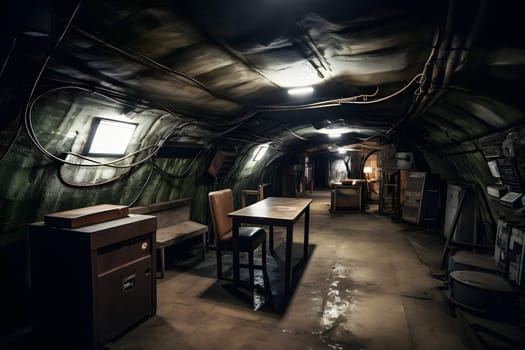 abandoned old unerground bunker interior. Neural network generated in May 2023. Not based on any actual scene or pattern.