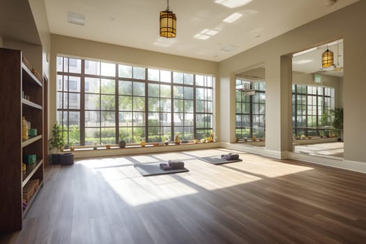 Yoga room with natural light from large windows. Neural network generated in May 2023. Not based on any actual scene or pattern.