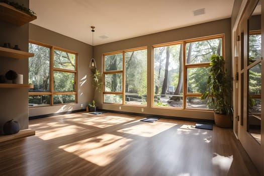 Yoga room with natural light from large windows. Neural network generated in May 2023. Not based on any actual scene or pattern.