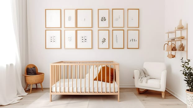 Bright white minimalist nursery wall with frames above cradle. Neural network generated in May 2023. Not based on any actual person, scene or pattern.