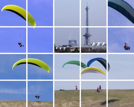 Paragliding in Berlin at the Teufelsberg with a view of the radio tower and exhibition grounds.