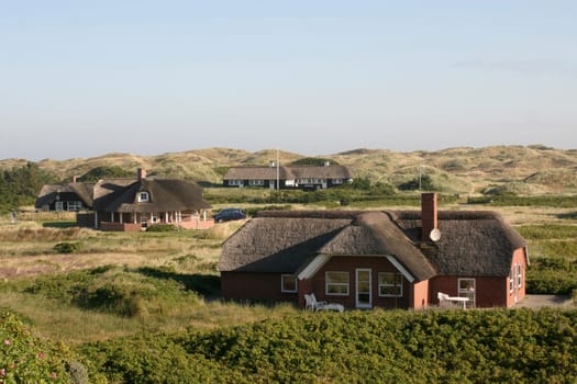 Thatched-roof houses in dune landscape