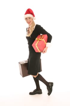 Young woman with pointed cap and suitcase