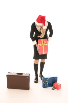 Woman with pointed cap,suitcase,gifts