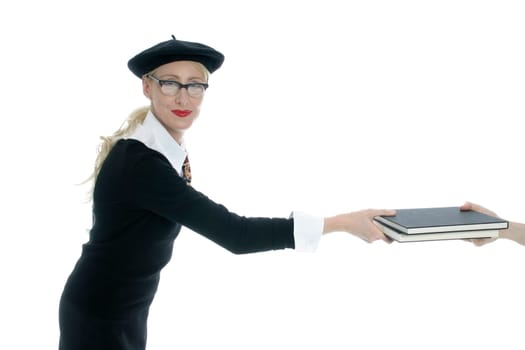 Young woman with glasses handing over books