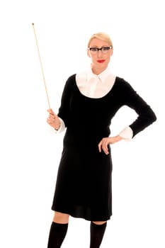 Young blonde woman with pointing stick