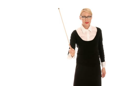 Young blonde woman with pointing stick