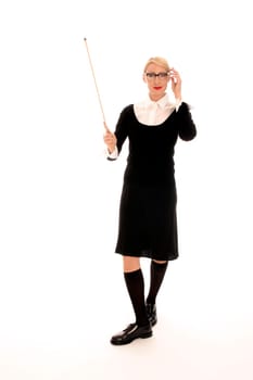 Young blonde woman with pointing stick