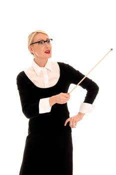 Young blonde woman with pointing stick