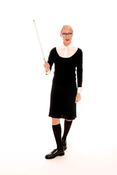 Young blonde woman with pointing stick