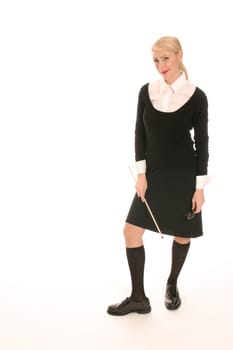 Young blonde woman with pointing stick