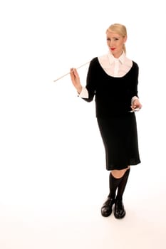Young blonde woman with pointing stick