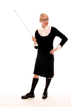 Young blonde woman with pointing stick
