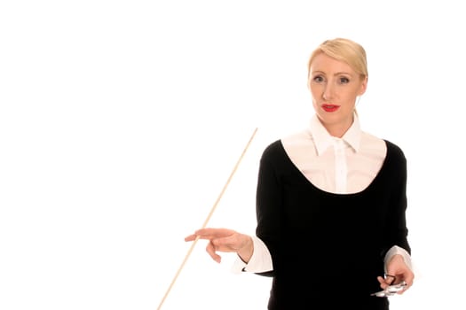 Young blonde woman with pointing stick