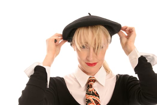 Young woman puts on cap