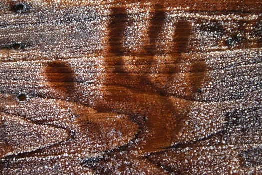 Handprint in hoarfrost