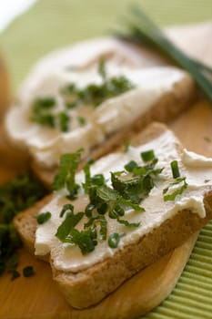Toast bread with cottage cheese and herbs