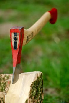 Axe on stump of wood