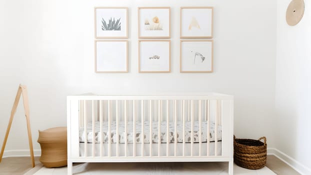 Bright white minimalist nursery wall with frames above cradle. Neural network generated in May 2023. Not based on any actual person, scene or pattern.