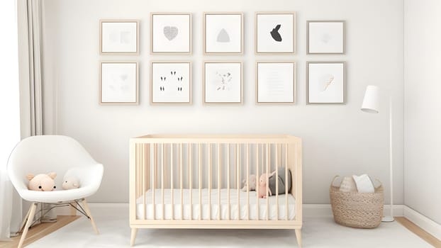 Bright white minimalist nursery wall with frames above cradle. Neural network generated in May 2023. Not based on any actual person, scene or pattern.