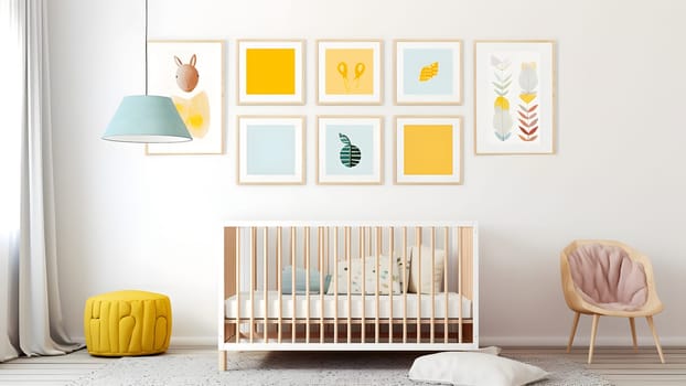 Bright white minimalist nursery wall with frames above cradle. Neural network generated in May 2023. Not based on any actual person, scene or pattern.