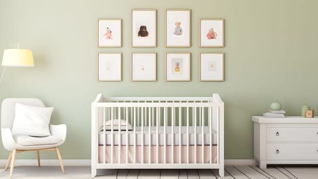 Bright white minimalist nursery wall with frames above cradle. Neural network generated in May 2023. Not based on any actual person, scene or pattern.