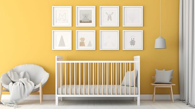 Bright white minimalist nursery wall with frames above cradle. Neural network generated in May 2023. Not based on any actual person, scene or pattern.