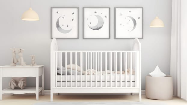 Bright white minimalist nursery wall with frames above cradle. Neural network generated in May 2023. Not based on any actual person, scene or pattern.