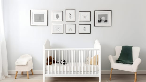 Bright white minimalist nursery wall with frames above cradle. Neural network generated in May 2023. Not based on any actual person, scene or pattern.