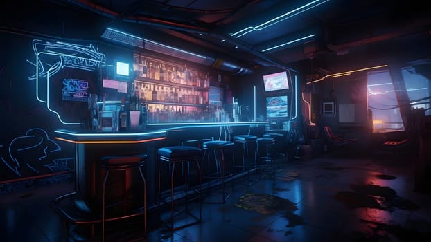 cyberpunk style bar dark interior concept with neon lights. Neural network generated in May 2023. Not based on any actual person, scene or pattern.