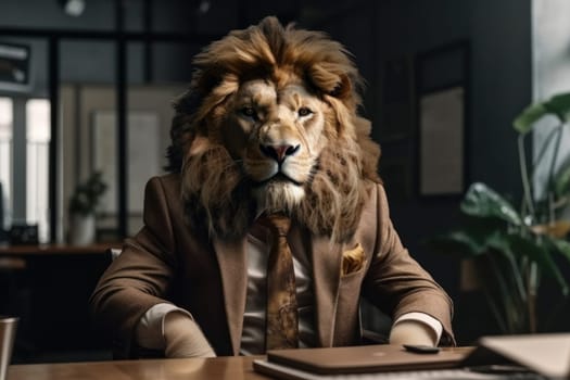 The lion in a suit and tie in this photo is a perfect example of creativity and artistic style, making it a stunning addition to any gallery or exhibition. AI Generative.