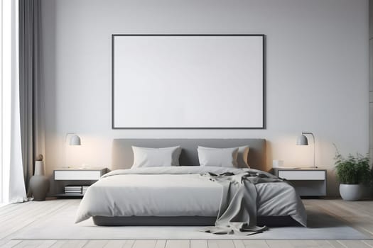 mockup picture frame hanging above the bed in white master bedroom interior. Neural network generated in May 2023. Not based on any actual scene or pattern.