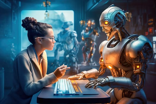 A female programmer tests a humanoid robot. The concept of robot and human