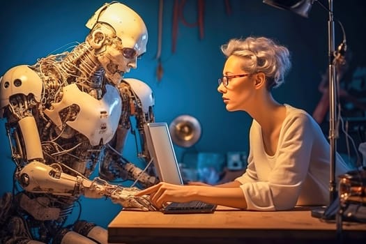 A humanoid robot works on the computer with the girl