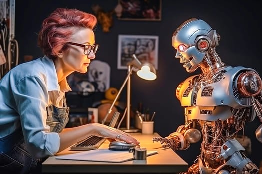 A female programmer tests a humanoid robot. The concept of robot and human