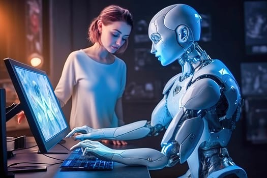 A humanoid robot works on the computer with the girl