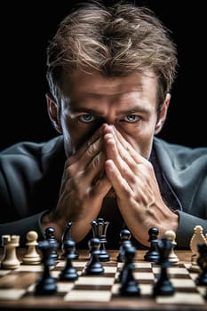 Portrait of a grown man playing chess. A serious look. Close-up