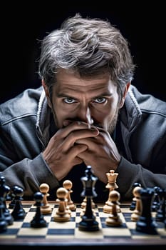 Portrait of a grown man playing chess. A serious look. Close-up