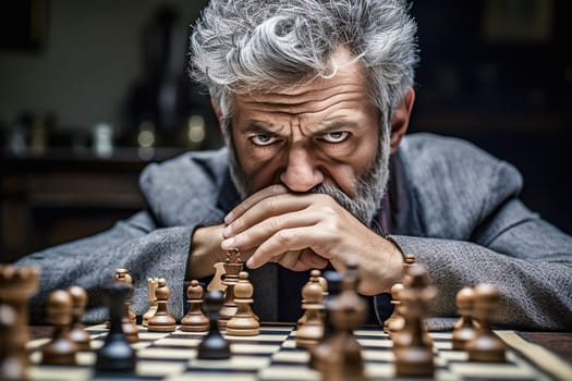 Portrait of a grown man playing chess. A serious look. Close-up