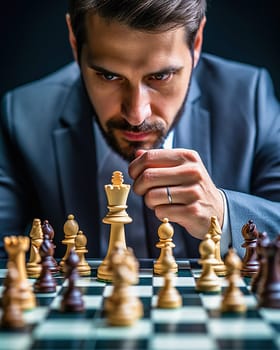 Portrait of a grown man playing chess. A serious look. Close-up