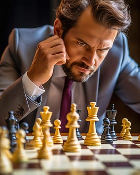 Portrait of a grown man playing chess. A serious look. Close-up