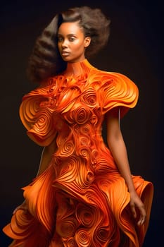 Portrait of a fashionable African American woman in an orange stylish dress