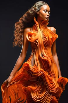 Portrait of a fashionable African American woman in an orange stylish dress