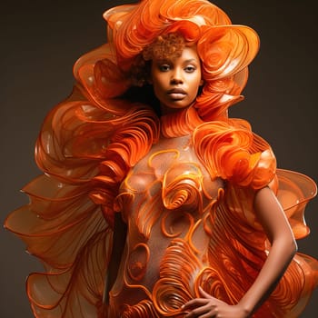 Portrait of a fashionable African American woman in an orange stylish dress