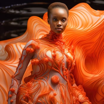 Portrait of a fashionable African American woman in an orange stylish dress