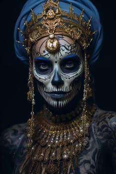 A beautiful woman wearing jewelry and having her face painted for the Day of the Dead celebration
